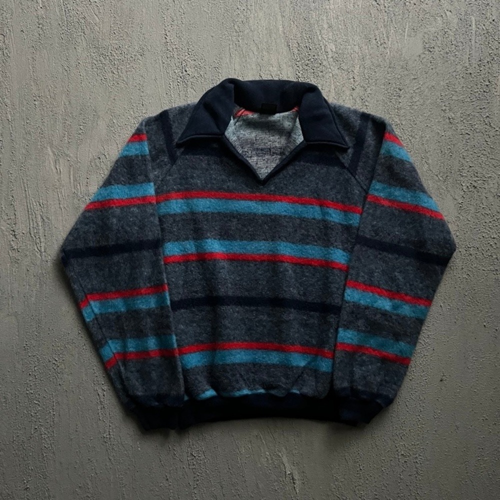 Vintage JCPenney Sweater Large Blue 1970s Striped Knit V-Neck Collared